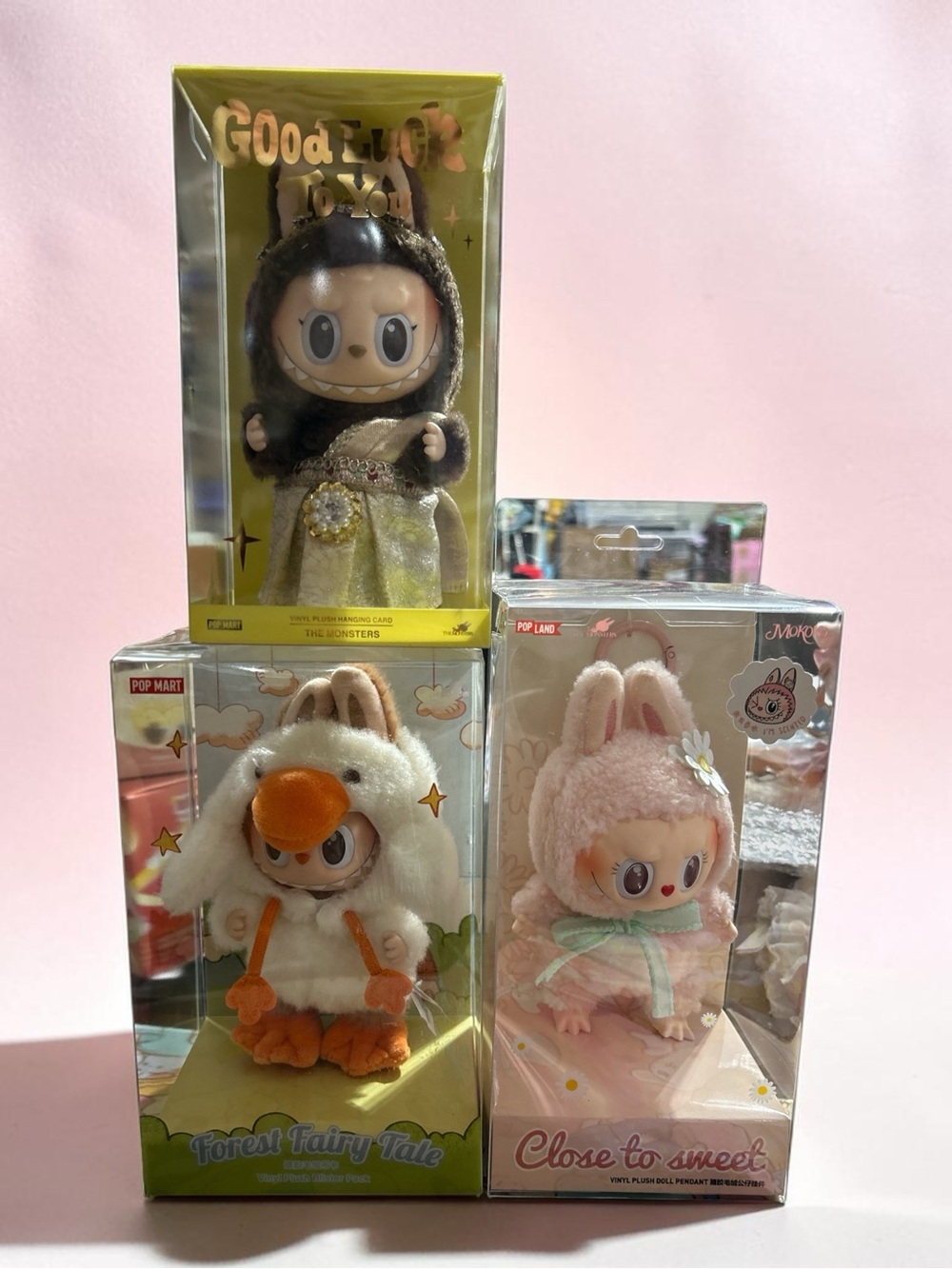 POP MART Plush Character Trio – Pink, White, Orange & Black Plush Set !